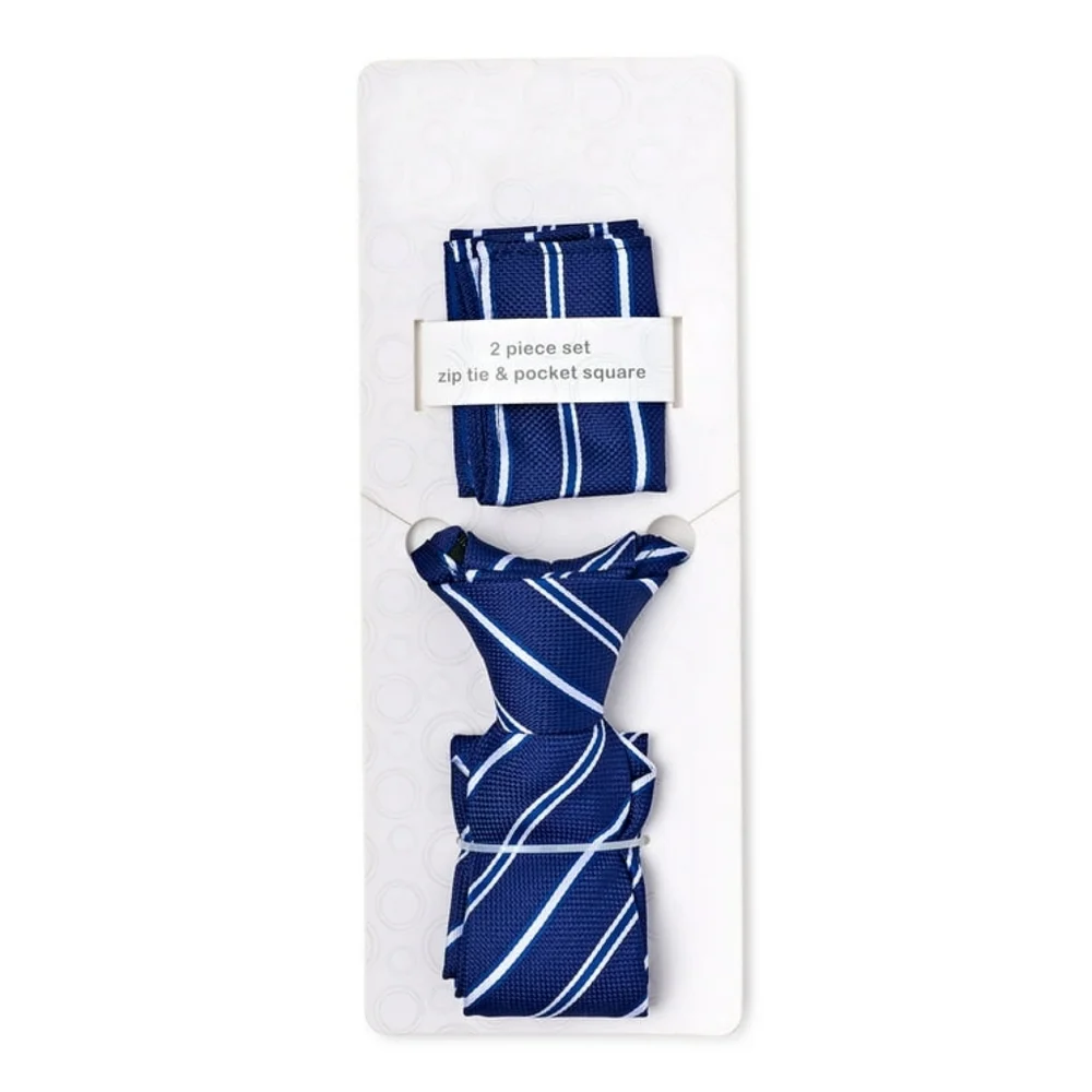NEW Wonder Nation Boys Zipper Neck Tie With Pocket Square Set Navy White Striped